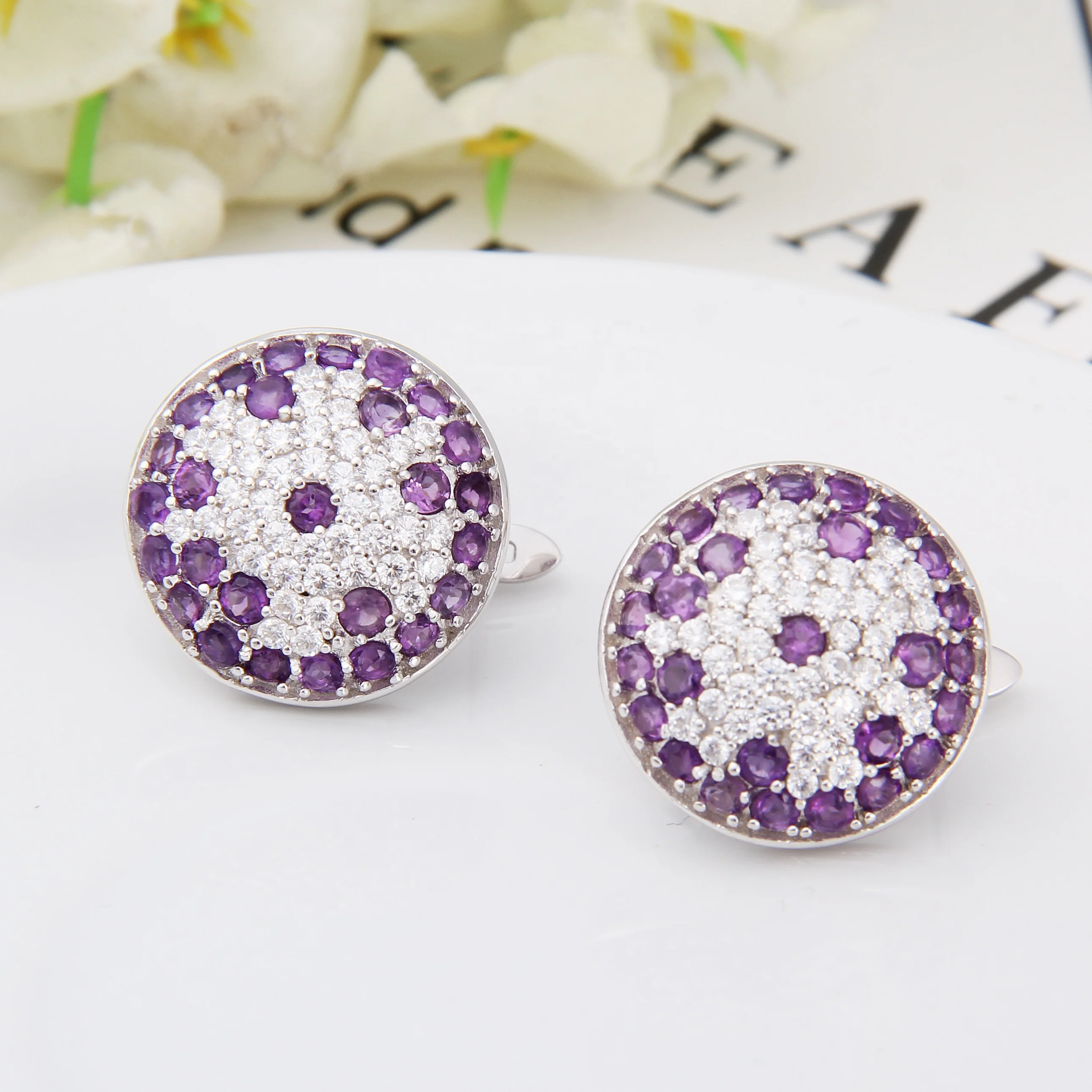 

Abiding Natural Amethyst Gemstone Round Halo White Cubic Zircon Elegant Jewelry 925 Sterling Silver Clip On Earrings For Women, Multi