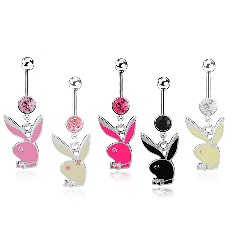

Custom Hot sale exquisite cute bunny dangling belly button ring diamond sexy belly dance decoration navel ring piercing jewelry, White,black,pink,rose pink