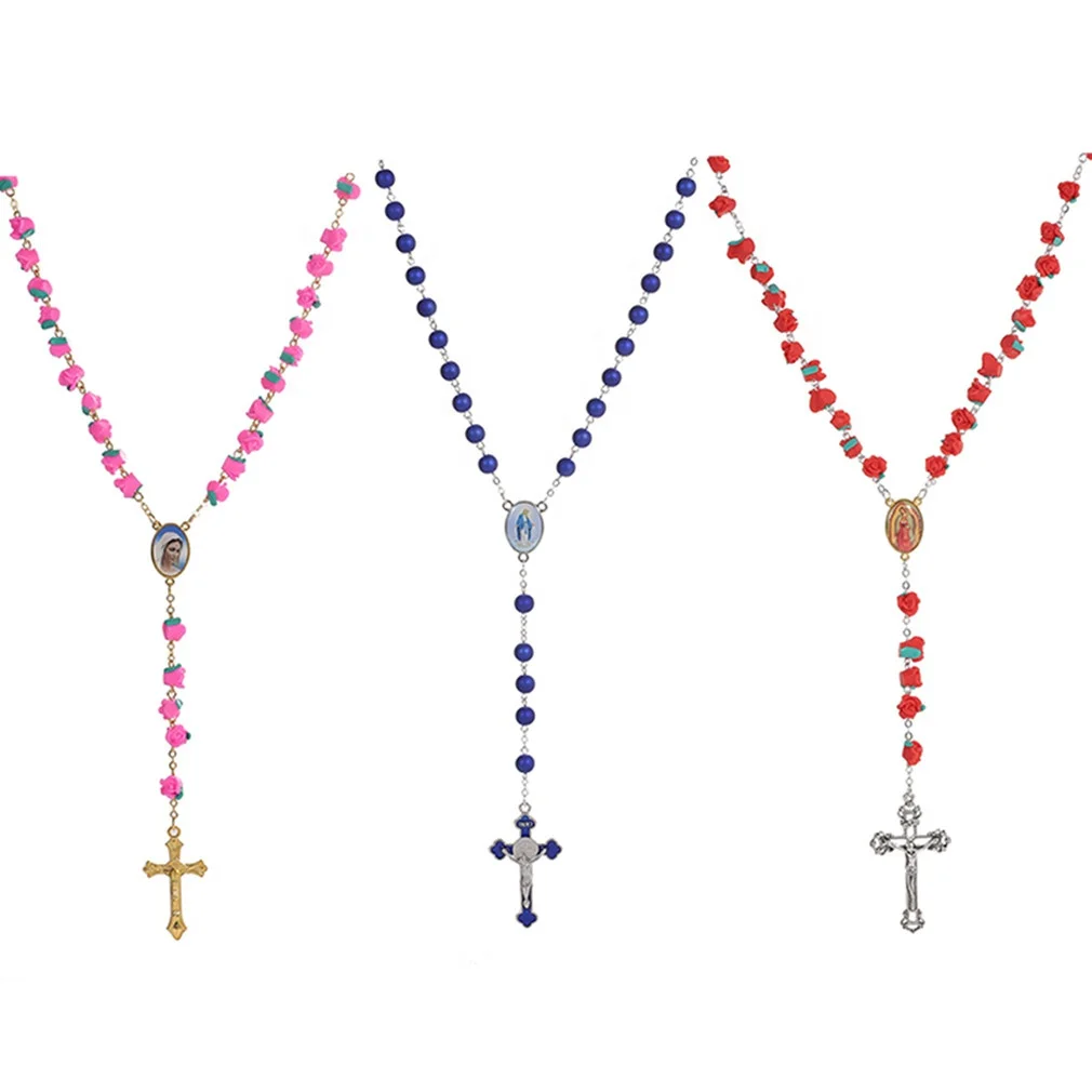 

Hot Selling Red Rose Flowers Rosary Prayer Necklace Maria and jesus christ crucifix cross soft clay beads necklace Jewelry