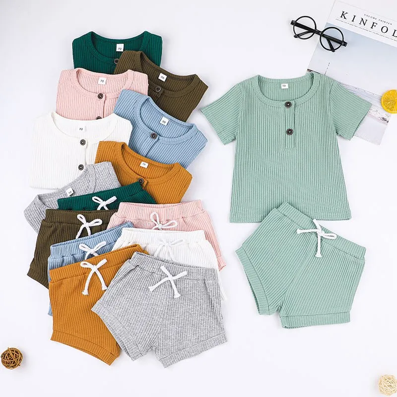 

Amazon Hot Sale Shirt + short pants 2 pieces baby clothing sets clothes, infants girls clothing knitted baby boy summer clothes, Various colors