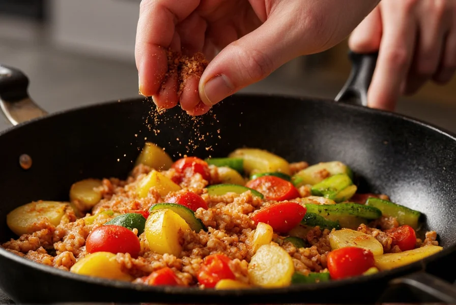 Chef's hand sprinkling cayenne pepper into a sizzling skillet with vegetables