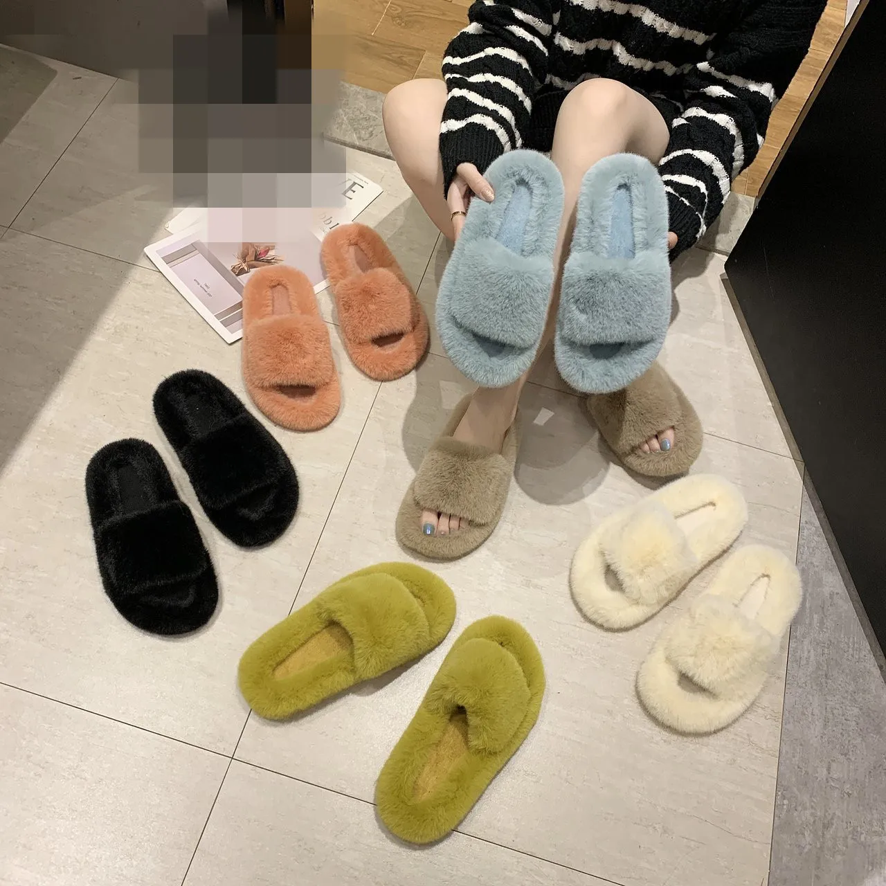 

Latest Style Fashion New Women Artificial two strap fur sandals Fur Slides indoor outdoor animal fur Slippers, Picture