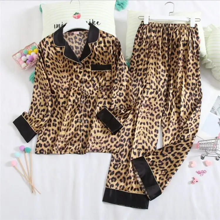 

Jersan Popular Hot sale Leopard Print silk pajamas Long sleeve 2 Piece Nightwear for woman, As picture shows