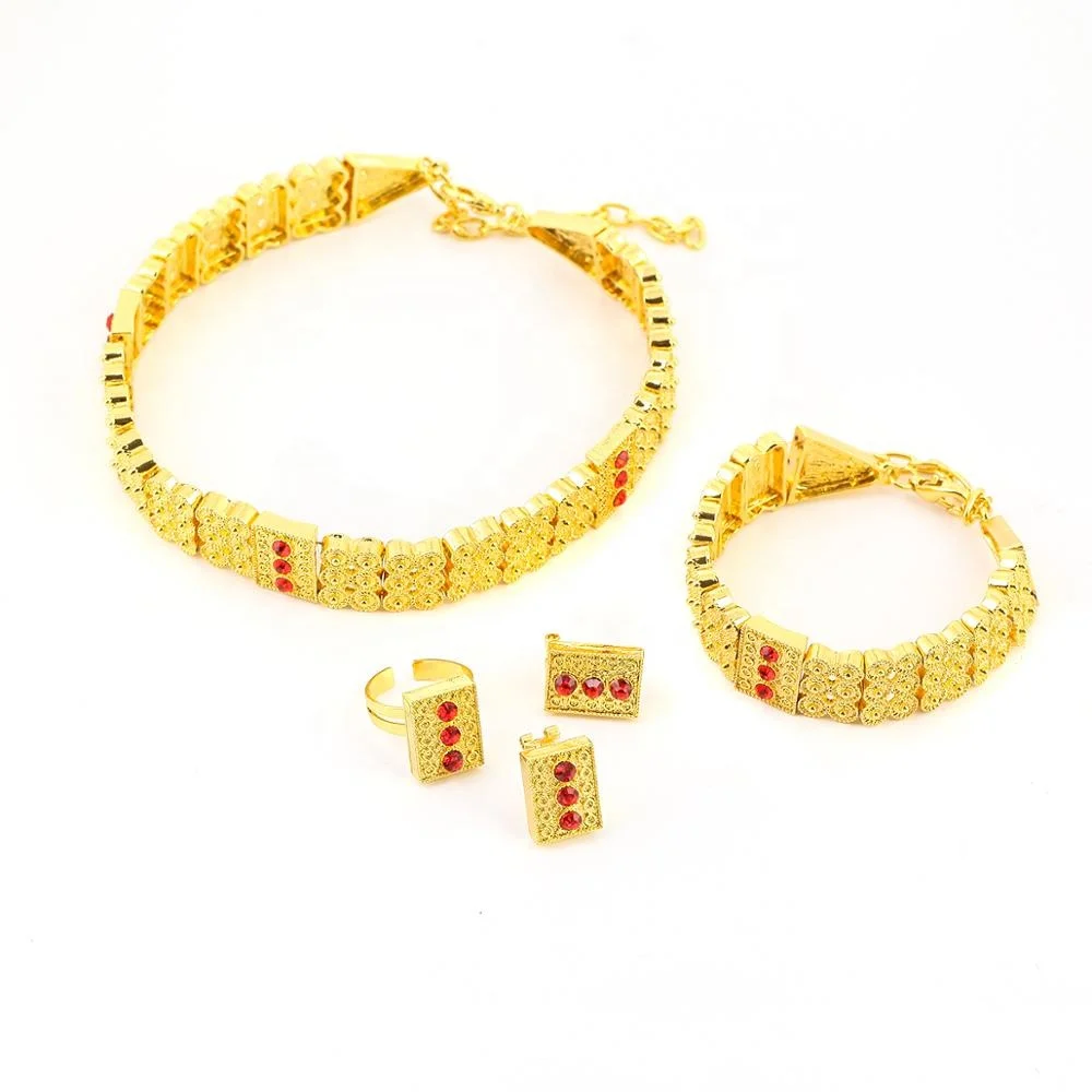 

24k Gold Color Ethiopian Necklace Earrings Ring Bracelet Eritrea Habesha Trendy Wedding Jewelry Set