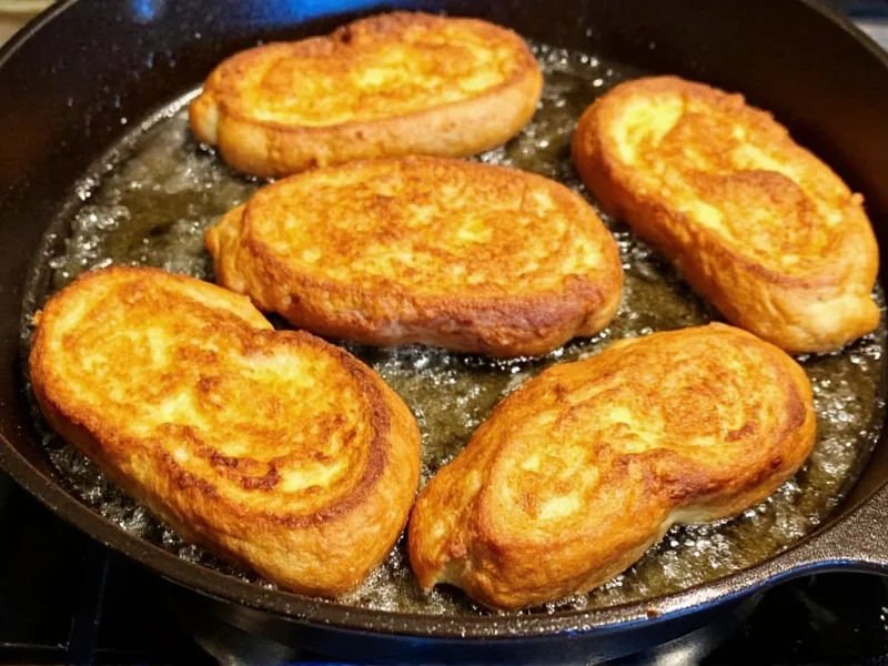 Golden french toast sticks frying in cast iron skillet