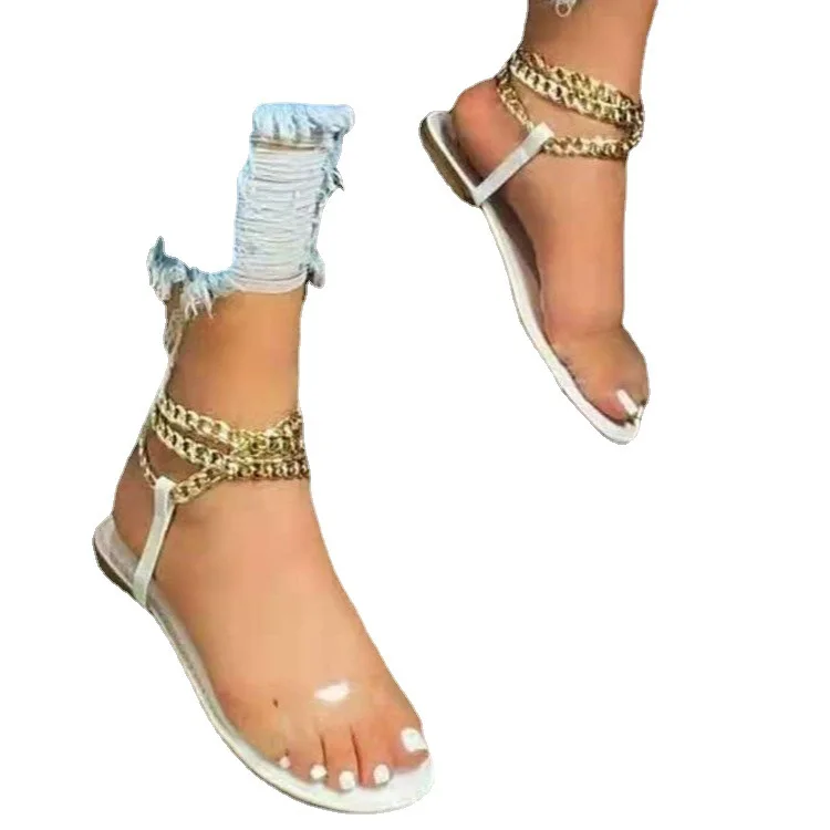 

2021 Summer Flat Sandals Women's Cross-border New Round Head Metal Chain Transparent Sandals European and American Large Size