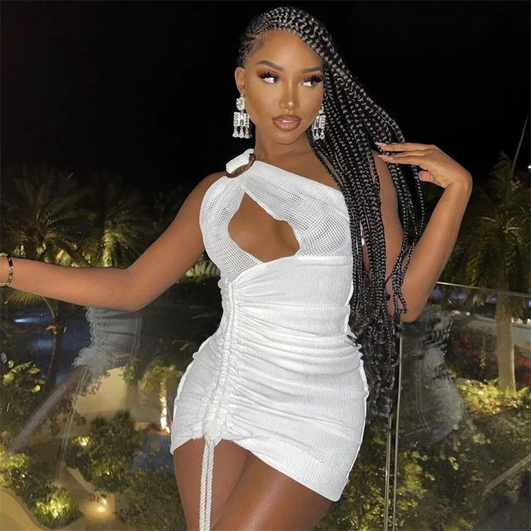 

Women's new sexy hollow ring stitching pleated straps slash neck sleeveless solid color dress women, Customized color