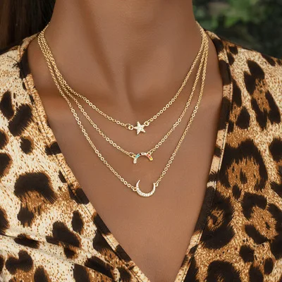 

2021 New Arrival Good Quality Fashion Simple Hip-hop Trend Three Layers Of Stars And Moons Gorgeous Chain Necklace Jewlery Women