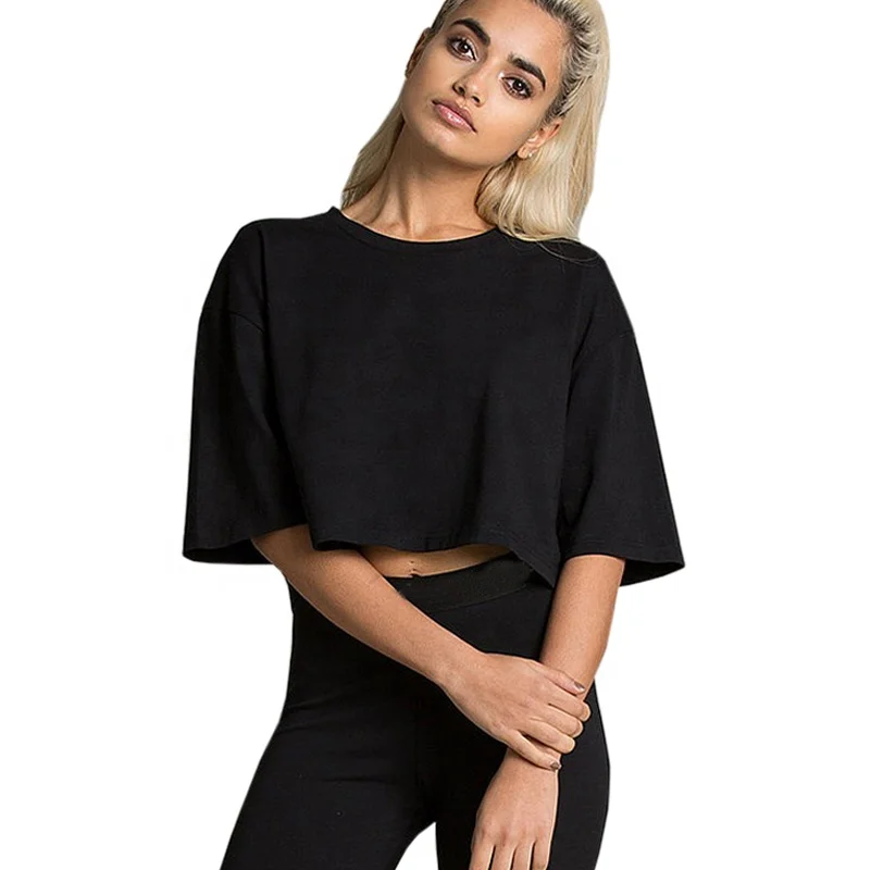 

230g 100% Cotton Dropped Shoulder Crop Tshirt Oversized Black Plain Women Tshirt
