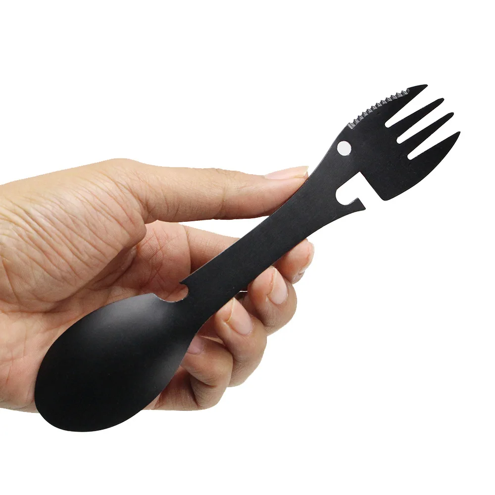 

Hot sale Multifunction Spork 3 in1 Stainless Spoon And Fork Spoon Fork Knife Set for Camping Hiking Backpacking, Black