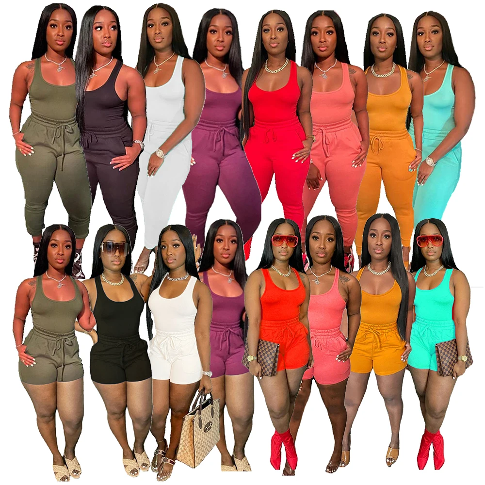 

Fashion Sleeveless Customize Logo 2 Piece Women Shorts Set Solid Color Biker Shorts Set Crop Top Women Tank Top And Shorts Set