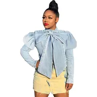 

Wholesale Custom Fashion Ladies Plain Shirts Blouse Top Bow Puff Sleeve Fall Cotton Jeans Denim Women Shirt