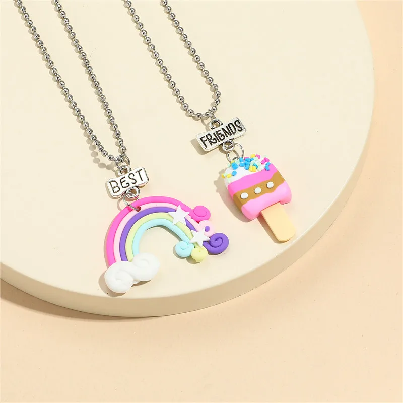 

JOJO Fashion 2pcs/set Amazon Hot Sale Cute Cartoon BFF Best Friend Rainbow Ice Cream Polymer Clay Kids Pendant Necklace Set