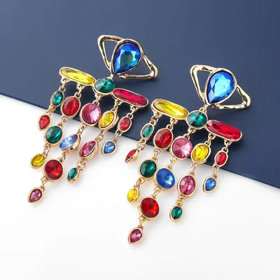 

Bohemia Fashion Jewelry Colorful Long Geometric CZ Fringe Earring Layered Rhinestone Crystal Tassel Earrings For Women