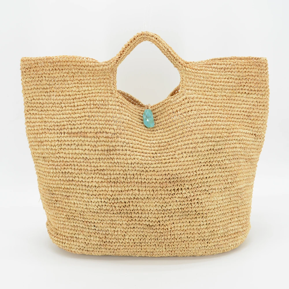 

Handmade crocheted Large Straw Raffia Bag with stone closure MOQ 100PCS