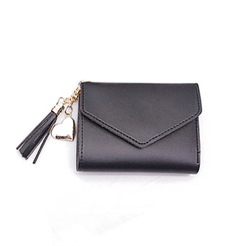 

Cute Girls Mini Tassel Loving Heart Pendant Bag Short Leather Card Bag Wallet For Women, 8 colors