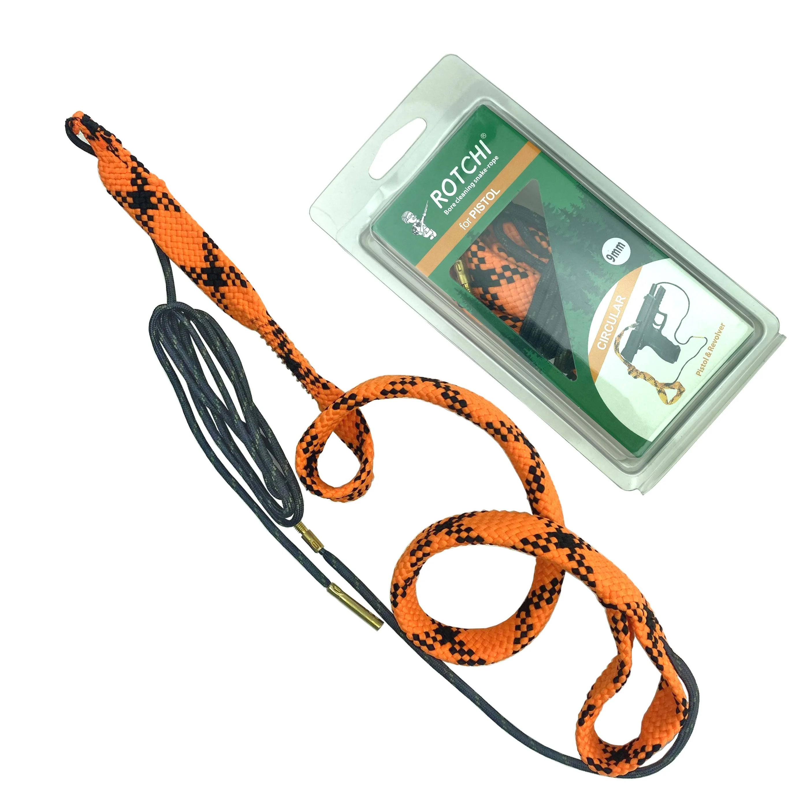 

Bore snake gun cleaning kit OEM ODM brush built in rope 9, 5.56 ,7.62 mm .223,.308,.357 cal.12 Gauge Circular running design, Orange