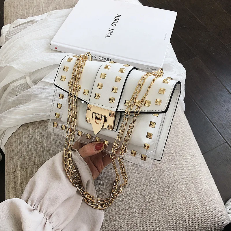 

Women's Fashion Golden Chain Clutch Bag Factory Price Transparent Small Square Bag Rivet Shoulder Bag for Girls