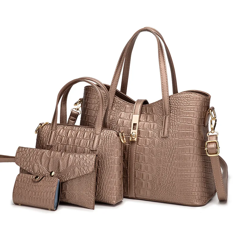 

2021 new crossbody shoulder bag ladies crocodile pattern handbag fashion PU handbag four-piece set, Gold, classic black, rose gold, silver