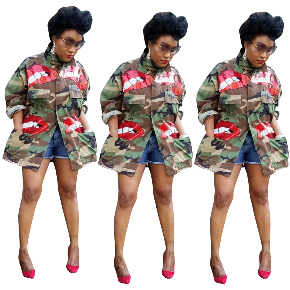 

Latest Casual Designs Long Sleeve Camouflage Sexy Jacket Plus Size Coats Mouth Sequined Women Stand Collar Jacket