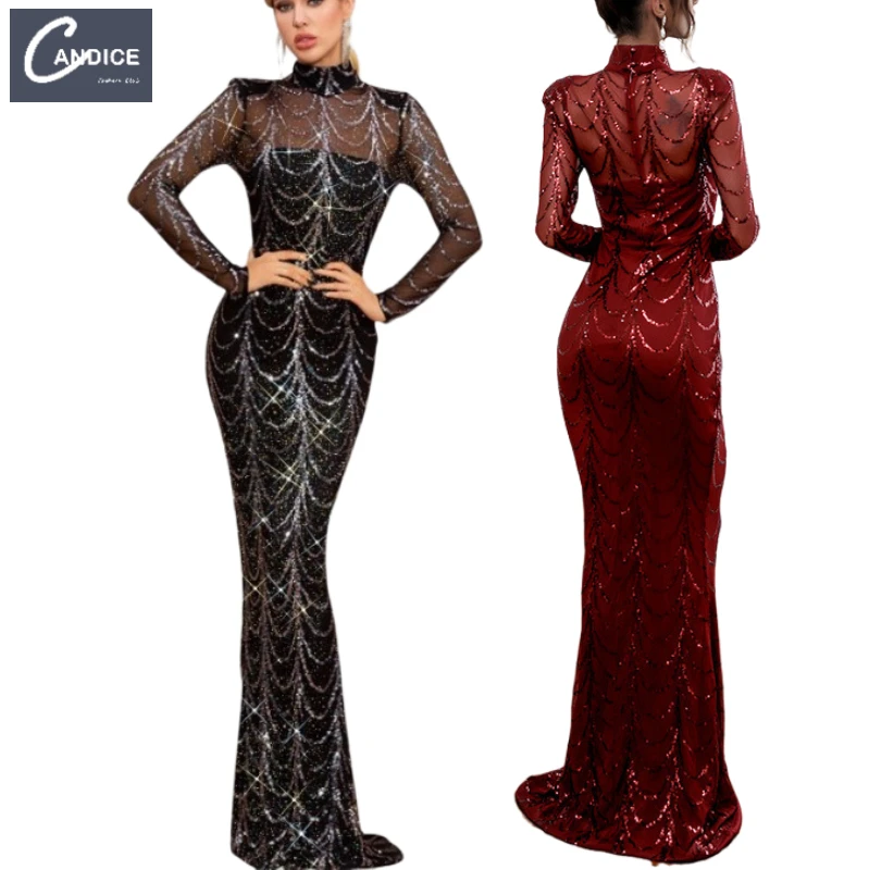 

Candice Haute couture banquet sexy turtle neck see through evening ball gown fringe mermaid prom sequin dress long sleeve