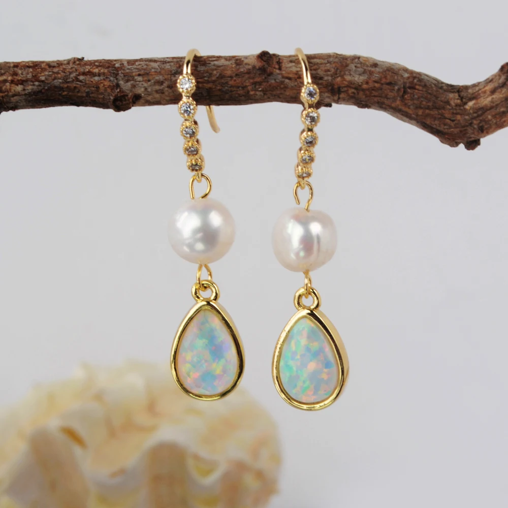 

HD0190 Gold plated women natural baroque pearl and Opal bridal hook earring freshwater pearl earrings