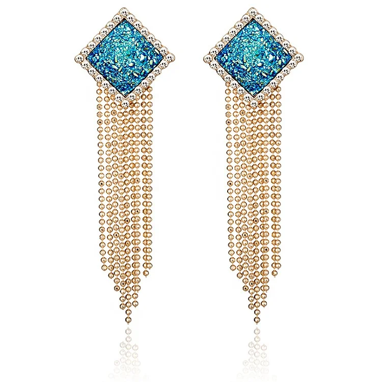 

Wholesale womens fashion tassel shiny blue rhinestone S925 needles gold plated alloy earrings jewelry