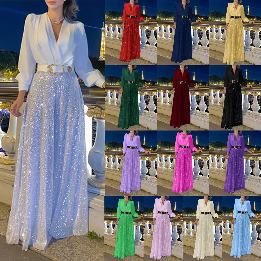 Y9903 High-Quality Wide Leg Jumpsuits Women V-Neck Long Sleeve Shirt High Waist Elegant Sequin Party Jumpsuit for Women