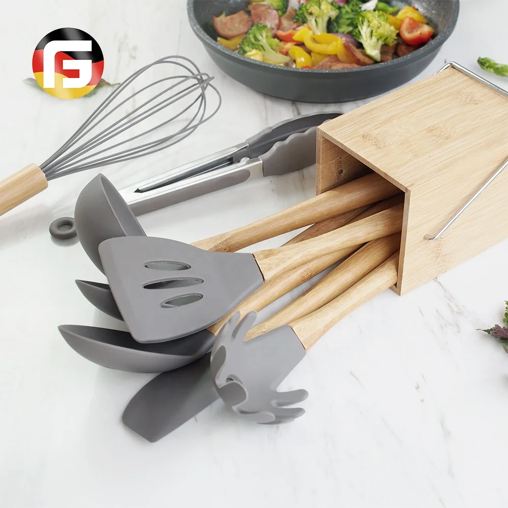 

9 Pcs Silicone Kitchen Utensil Set Bamboo Wooden Handle for Cookware With Holder, Grey