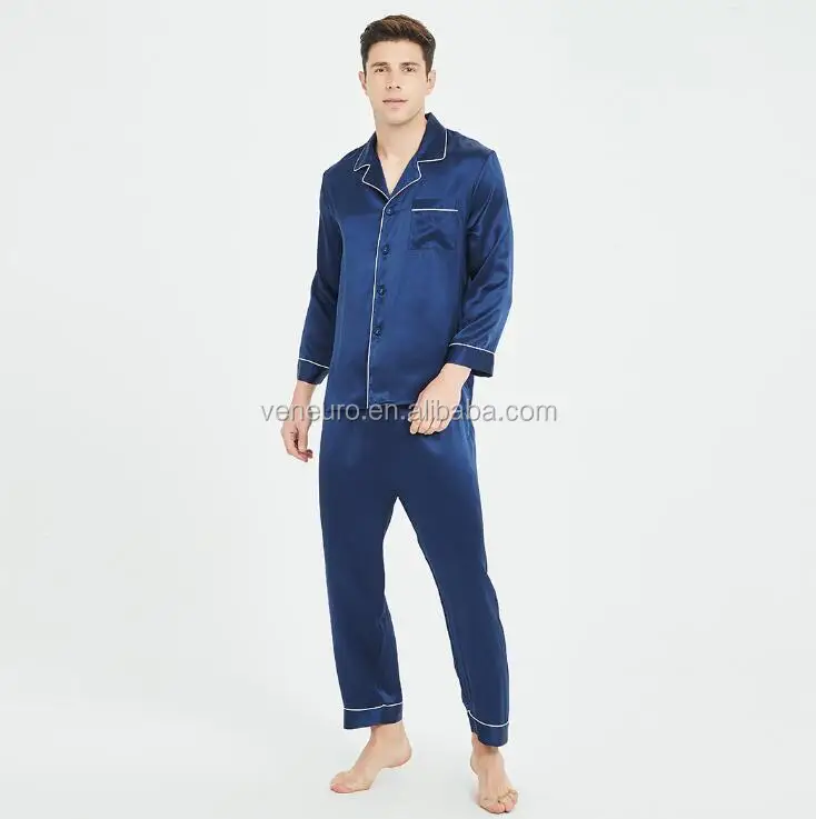 

Silk pajamas 100% mulberry silk 19 mm silk nightwear 2 pieces suit mens pajamas, Red, blue, camel
