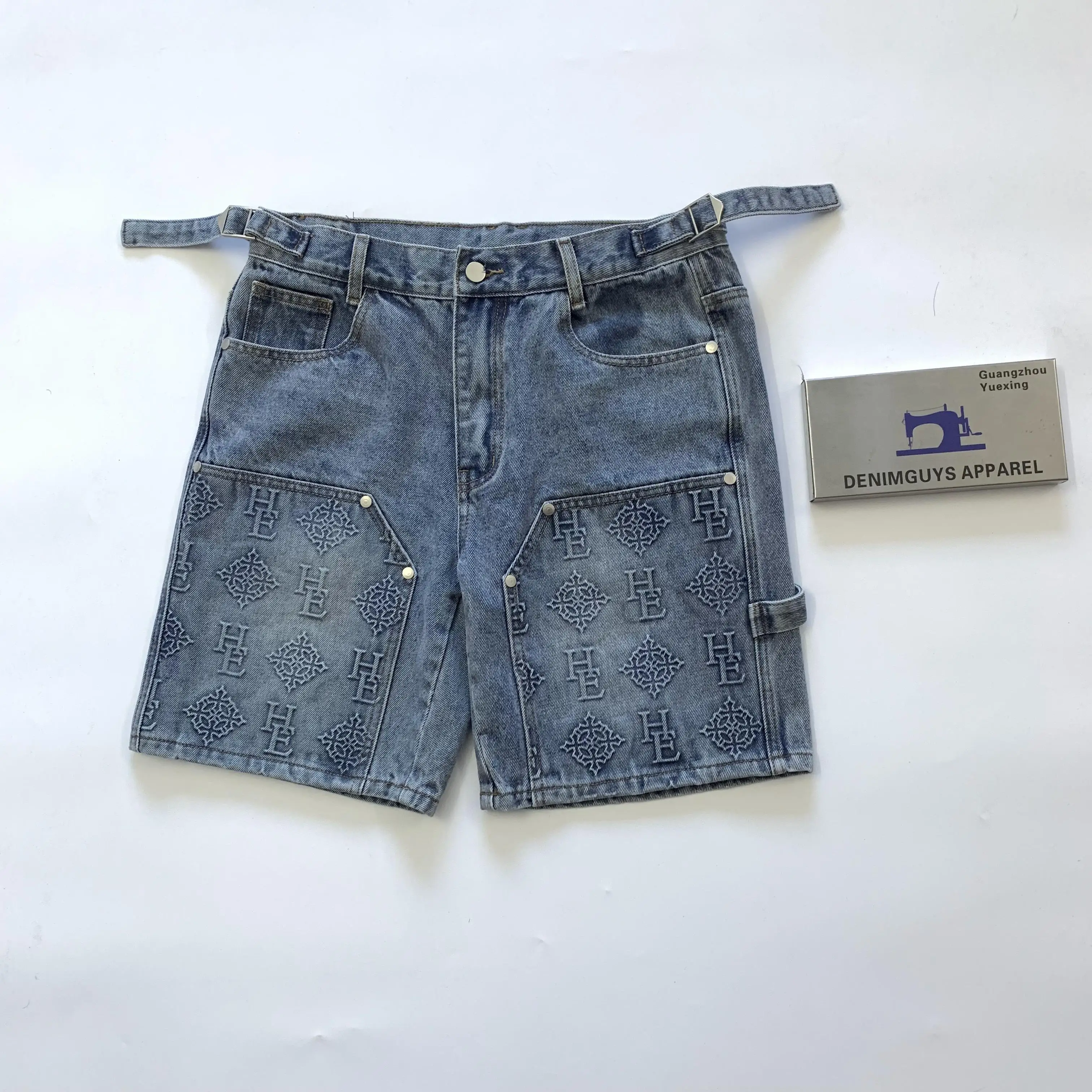 DENIMGUYS Men's Jorts Custom 3d Embossed Y2k Streetwear Summer Double Knee Carpenter Denim Jeans Shorts