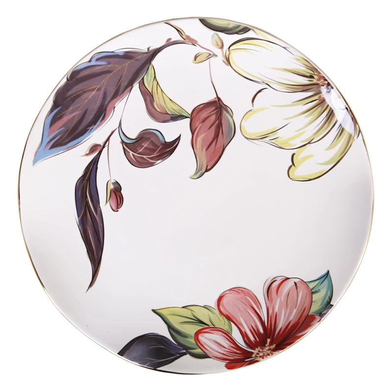 

wholesale fancy design decal printed decorative food plate flower dinner plates with golden rim, Coloful