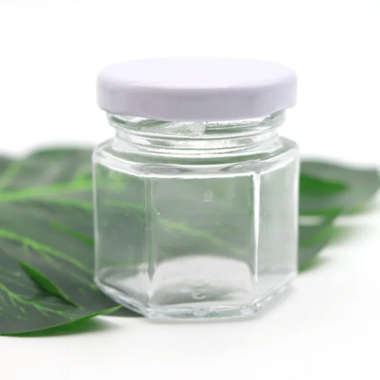 

Clear Hexagon Glass Jars 1.5 ounce Mini Canning Jars with Golden Lids