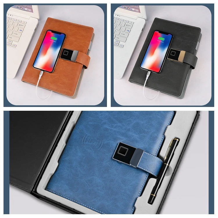 
2020 New Design Crazy Leather Fingerprint Lock Notebook With Bluetooth Recording Built In Power Bank 