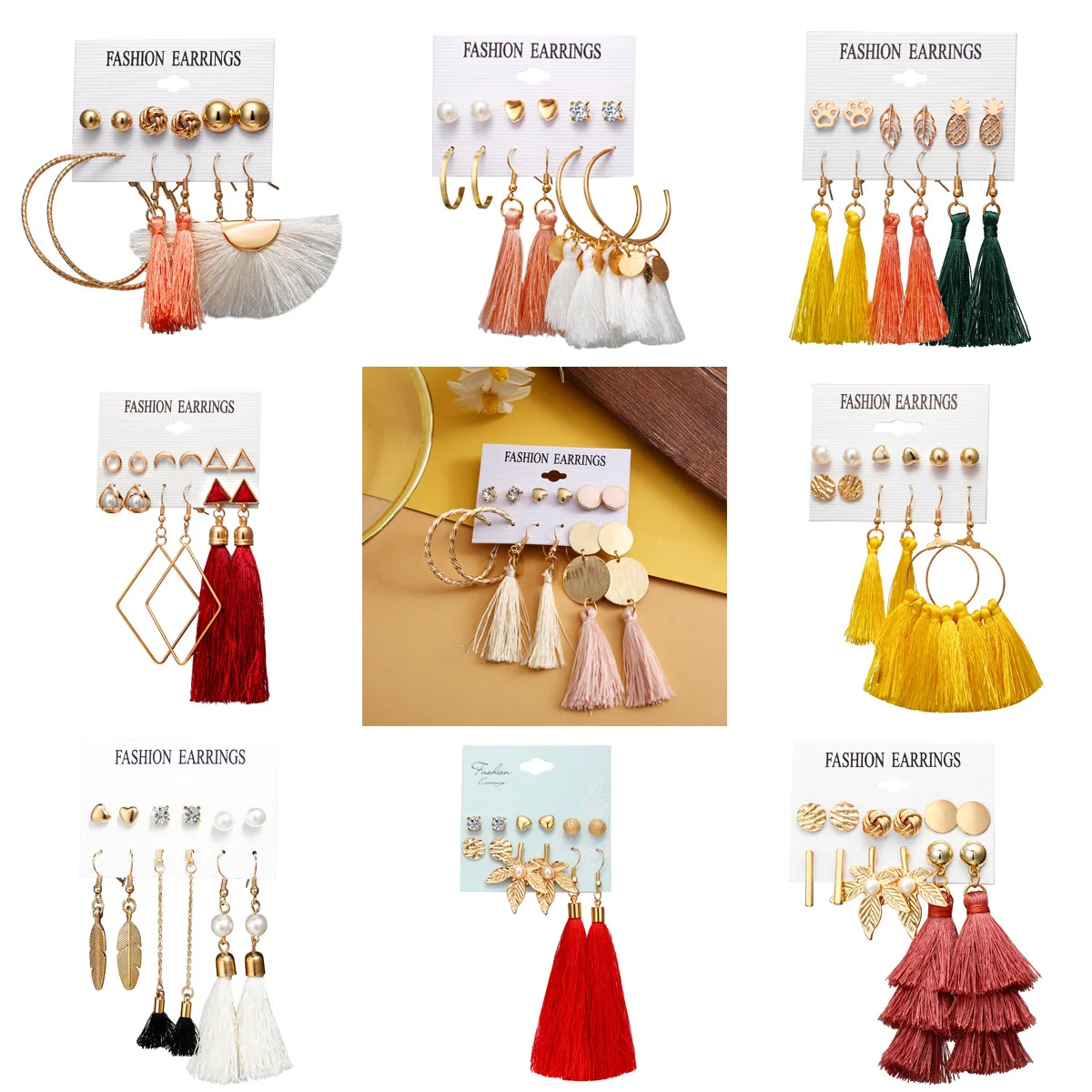 

2020 Trending Bohemia Tassel Earrings Set Mixed Designs Women Pearl Crystal Jewelry Earring for Wholesale, As pictures