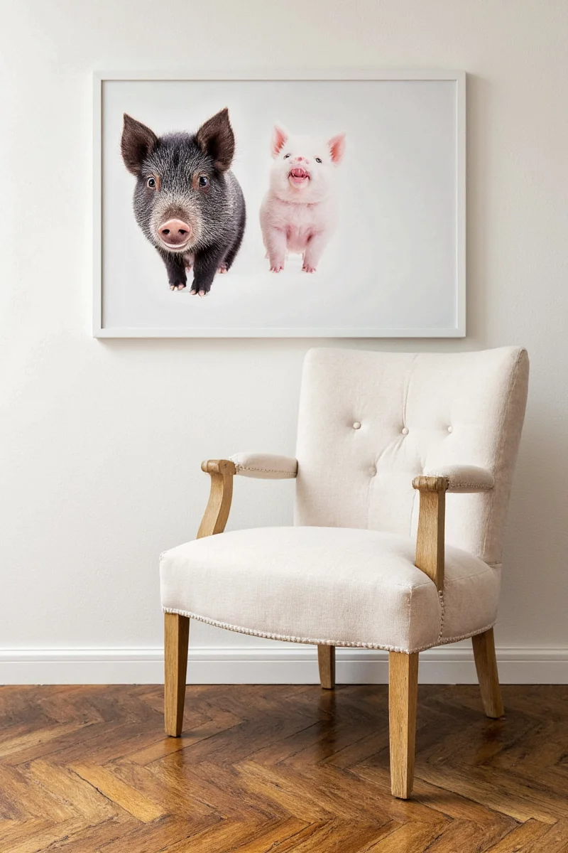 A minimalist bedroom with a large picture of a swine displayed as a statement piece behind the bed