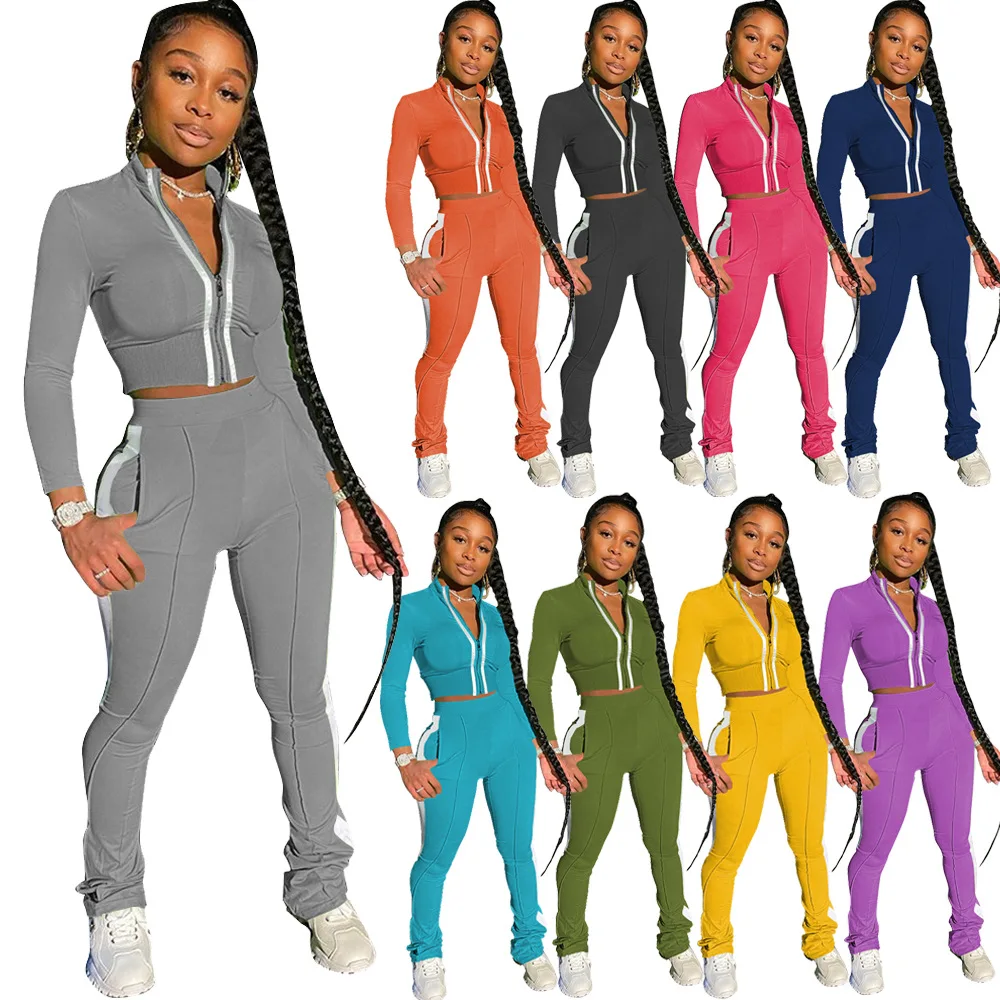 

2021 latest design autumn 2 piece set track suit women sports two piece set with stacked pants trousers