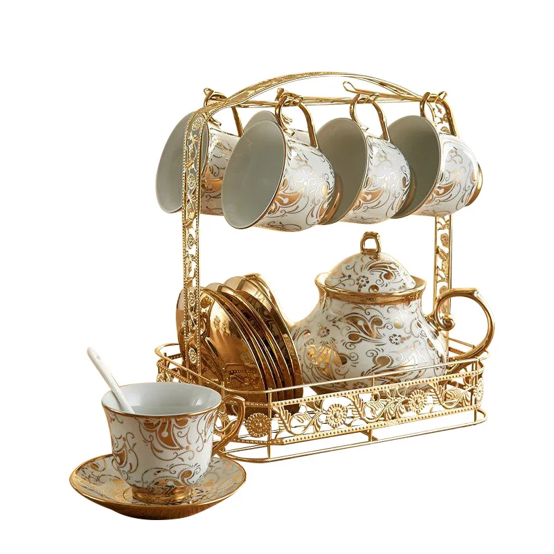 

Gold plated ceramic Coffee cup and saucer European luxury tea cup cup dish spoon teapot delivery shelf