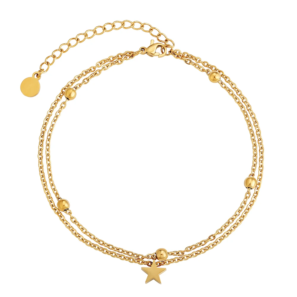 

KRKC 2021 fashion custom women foot jewelry adjustable Stainless Steel silver and 18k gold plated chain anklets with star bead