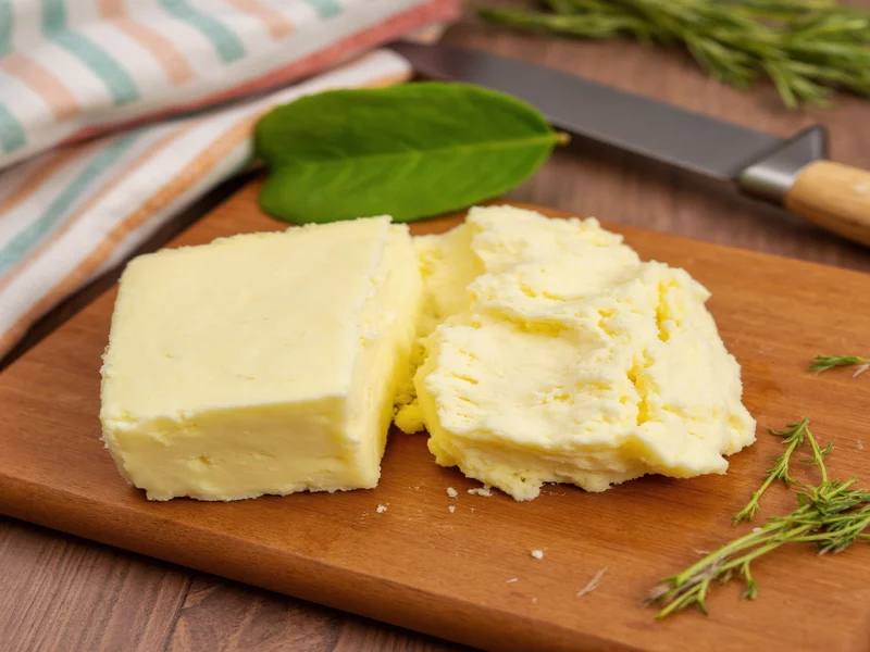 Fresh homemade butter with herbs on wooden cutting board