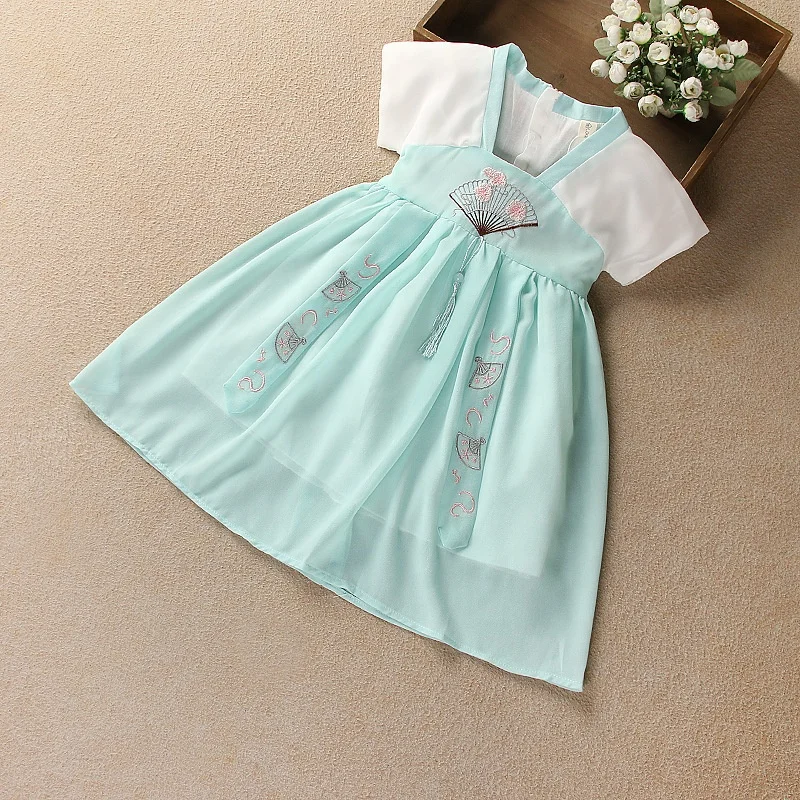 

B60159A 2019 summer embroidery children's Chinese han dress, Pink light green