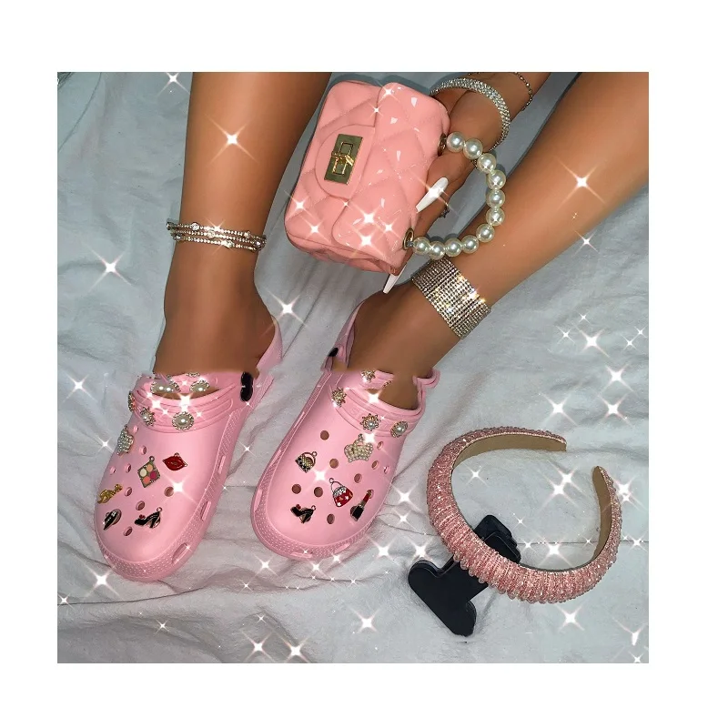 

Best Selling Women Clogs Shoes Purses Set Platform Hole Shoe Rhinestone Handbag Headband Slides Slippers Women 3 Pieces Sets