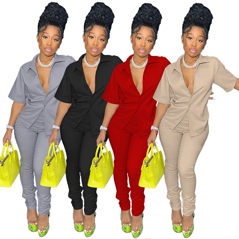 

2021 autumn casual ladies outfits clothing INS new design women solid khaki color short sleeves shirt two 2 piece long pants set