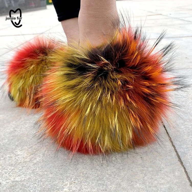 

Custom slippers slides wholesale fox fur slippers raccoon full fur slides for women with logo, All colors can be customized