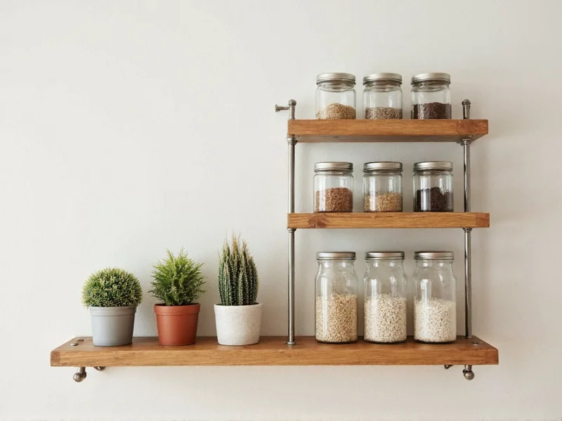 Adjustable glass jar organizer with wooden shelves and plants
