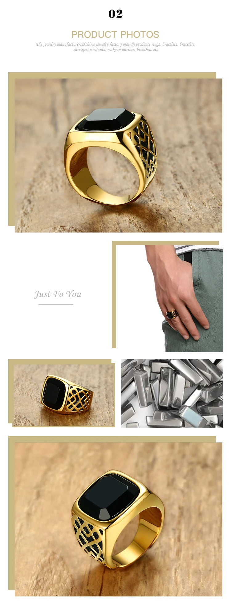 Mature men wear a 17.5mm vacuum gold-plated ring with agate RC-396G