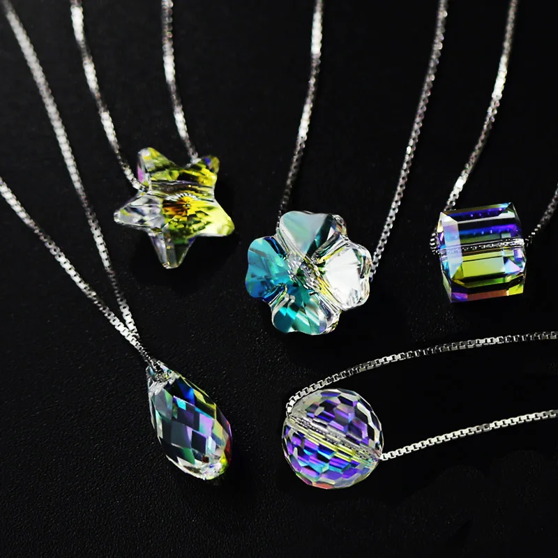 

S925 Sterling Silver Jewelry Aurora Sugar Cube Necklace Female Austrian Crystal Cube Star Water Drop Aurora Necklace