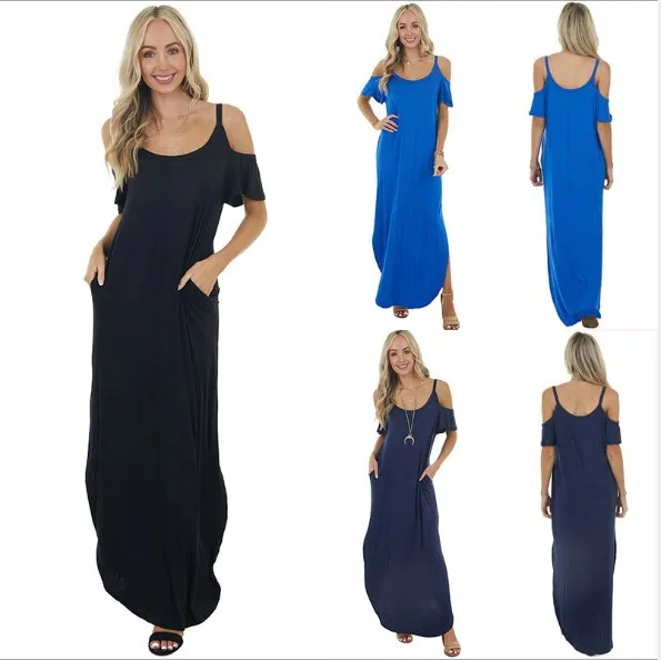 

2021 Summer Women New Casual Straps Off Shoulder Dress Split Long Maxi Female Dress Solid Color Ruffles Sleeve Loose Dress