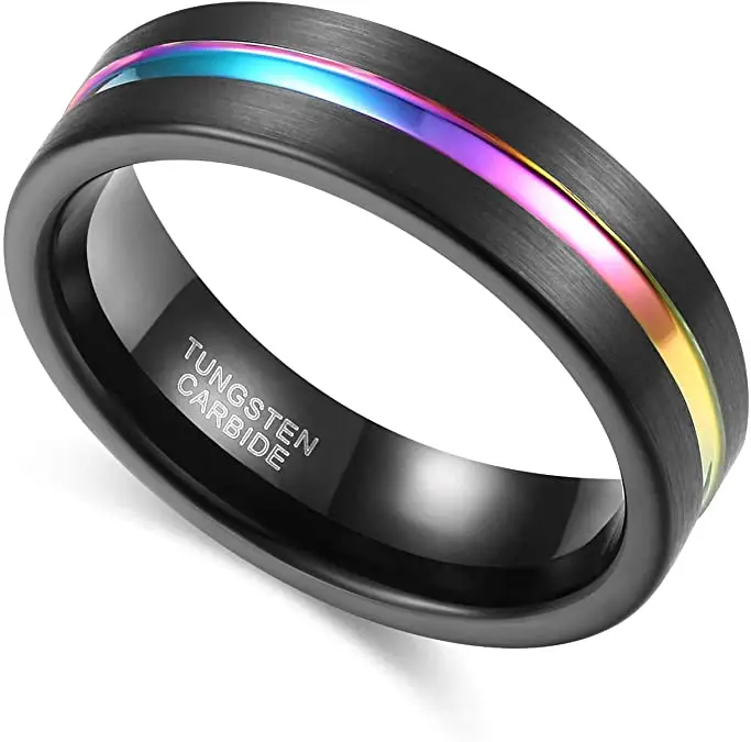 

Mens Tungsten Ring Wedding Band Engraved Thin Rainbow Centre Groove Comfort Fit Size 5-12