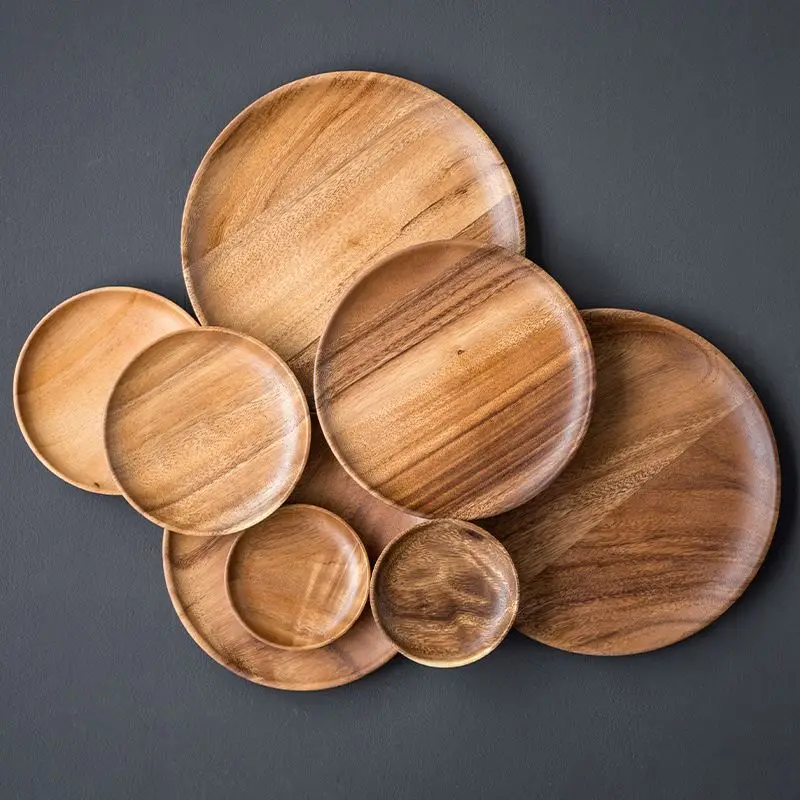 

Round Acacia Wood Serving Plates Natural Tableware Dining For Sandwiches, Wood color